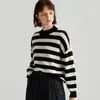 [100% Lana] Otoño e Invierno Casual Coreano Casual Rayas Color de Contraste Alma Marina Camisa Suéter Tejido Cárdigan para Mujer