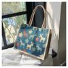 Bolso de Mano Floral Portátil Estilo Coreano de Gran Capacidad para Mujer con Rayas de Algodón y Lino Bolsa de Tote para el Trabajo y el Viaje