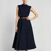 2026 Nuevo Modelo Comercio Exterior Transfronterizo Amazon Verano Europeo y Americano Vestido sin Mangas de Cuello Alto con Fruncido en un Lado y Cinturón