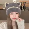 Bonito Sombrero de Orejas de Gato para Mujer, Gorro de Punto de Invierno Nuevo, Cálido Gorro Tejido que Hace que la Cara Parezca Más Pequeña, con Forro de Terciopelo para Protección de Orejas, Gorro de Osito