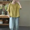 2026 Novo Estilo Artístico Simples Casual Manga Curta Camiseta para Mulheres Verão Solta e Versátil Cor Pura Casual Pulôver Top para Mulheres