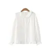 Camisa branca de manga longa com gola simples e elegante em renda, estilo japonês, para mulheres, blusa casual que rejuvenesce, outono 2026