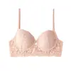 Ropa Interior Francesa Sexy Transpirable de Encaje para Mujeres con Senos Pequeños Sujetador Push-Up Sin Copa Vacía Sujetador Delgado Anti-Caída Aro de Acero Suave
