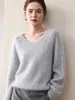 Simples e macio~ Suéter feminino de caxemira escovado com decote V escovado espessado de pelo longo puro caxemira outer wear suéter de tricô top