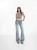 Jeans de campana de tiro bajo azul retro americano para mujer, nueva colección primavera/otoño 2026, con diseño de estampado de leopardo, pantalones largos de campana elegantes y modernos