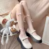 MediasLolita de Color Blanco Leche Perlado, con Lazo Rosa Flocado, Dulces, Versátiles, de Nicho, para Primavera y Verano, Pura Deseo, Hechas a Mano