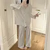Conjunto de Pijama de Manga Larga, Pantalones Largos y Cárdigan de Color Sólido Estilo Coreano para Mujer, Ropa de Casa Holgada y Casual de Mezcla de Algodón, Nuevo para Primavera y Otoño