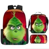 Monstruo de Pelo Verde Grinch Transfronterizo Nueva Mochila Escolar Mochila de Dibujos Animados Set de Tres Piezas Bolso Estuche para Lápices