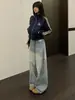 Jeans rectos holgados de ajuste limpio azul claro retro americano para mujer, marca de moda versátiles pantalones largos lavados desgastados