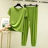 Conjunto de calça e blusa de modal com decote em V e manga curta de cintura alta, novo modelo de verão, estilo coreano, conjunto solto simples para ficar em casa, duas peças