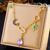 Collar con múltiples colgantes de corazón, sol, luna, elefante estilo europeo y americano, collar de esmalte colorido, cadena para clavícula de acero inoxidable chapado en oro para mujer