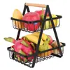Cesta de Frutas com Alça de Madeira Ferro Forjado Água Camada Dupla Três Camadas Cesta Portátil Sala de Estar Cozinha Cesta Rack para Armazenamento de Pão Lanche