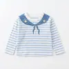 Timo camiseta stylish de manga larga a rayas estilo otoño nuevo para niñas, imitación de dos piezas, camisa de protección solar para niños, rayas azules y blancas