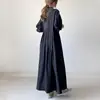 Exportación Ropa de Mujer Japonesa y Coreana Primavera y Otoño Explosiones Cuello Redondo Hebilla Manga Larga Vestido Color Liso Simple Conocimiento Vestido Largo Negro para Mujer