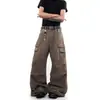 Calça jeans cargo patchwork estilo retrô americano com múltiplos bolsos para homens e mulheres, nova tendência casual solta de perna reta