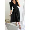 Comercio Exterior Transfronterizo Ropa Europea y Americana para Mujer Moda Primavera 2025 Color Sólido Cuello en V Cintura Plisada Dobladillo Grande Vestido