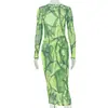 Vestido de Mujer de Estilo Europeo y Americano con Estampado Transfronterizo para Socialité, Vestido Bodycon Retro que Ceñe la Cintura, de Cuello Alto, Manga Larga, Verde, Nuevo Vestido para Otoño-Invierno