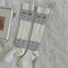 Calcetines de Punto Fino de Cachemira con Rayas Verticales para Otoño e Invierno, Calcetines Grises Holgados hasta la Pantorrilla, Calcetines Versátiles de Punto hasta la Mitad de la Pantorrilla con Copos de Nieve, Calcetines Blanco Leche