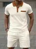 2026 Nuevo Conjunto de Verano para Hombre de Punto Waffle con Cuello Solapa Manga Corta y Pantalones Cortos Conjunto de Dos Piezas Deportivo Casual a la Moda