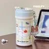 Taza Isotérmica de Dibujos Animados Linda de Alto Valor con Correa, Taza Portátil para Exteriores con Pajilla para Dos Bebidas, Taza con Separación de Té y Agua para Beber Directamente