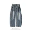 Jeans Vintage Lavado Patchwork Masculino para Primavera e Outono, Calça de Corte Amplo Wide-Leg, Roupa Masculina Tendência