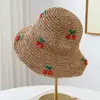 Sombrero de Paja de Cereza para Mujer, Vacaciones de Verano en la Playa, Sombrero de Sol de Ala Ancha, Sombrero de Pescador de Paja Plegable