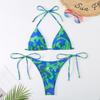 Bikini Estilo Nuevo Europeo y Americano Transfronterizo 2024 Estampado Sexy con Cordones en el Cuello Dividido de Tres Puntos Traje de Baño para Aguas Termales para Mujer