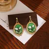 Pendientes Cuadrados de Perlas Estilo Francés Aguja de Plata Jardín Monet Pendientes de Pintura al Óleo Verde Retro de Gama Alta para Mujeres de Mediana Edad