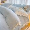Juego de cama de cuatro piezas de terciopelo coral de leche engrosado de doble cara, ropa de cama de franela de invierno, falda de cama más gamuza, sábanas, funda de edredón