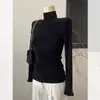 Impresionante Suéter de Cachemir Negro de Cuello Medio Alto para Mujer en Otoño e Invierno, Suéter Ajustado con Camiseta Base