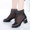 Sandalias de verano para mujer, zapatos de malla para mujer, botas de malla huecas, transpirables, de tacón medio, de tacón grueso, con boca de pez, de talla grande