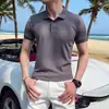 Camiseta Polo Masculina de Malha Respirável de Seda Gelada Listrada de Manga Curta Versátil Confortável Verão 2024