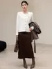 (Liquidação) Saia Reta Retrô de Inverno Cor de Café para Mulheres, Novo Estilo 2026, Saia Longa com Fenda de Lã Sintética Forrada com Fleece