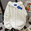 Moletom com Capuz Básico Coreano Cor Lisa Casual para Mulheres no Outono e Inverno Veludo Solto Espessado Jaqueta Cardigan com Zíper Casal