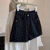 Shorts de mezclilla florales de lunares negros para mujer, estilo de verano, diseño de cintura alta para chica hot, pierna recta ancha, línea A, pantalones cortos