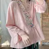Camisa estilo retrô, abotoada, de algodão, com bordado chinês, gola assimétrica, Hanfu modernizado, novo vestido de chá, modelagem solta, top cardigã artístico