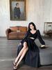 Vestido Feminino Elegante Preto Vazado de Manga Longa Sexy com Decote em V para a Primavera de 2024, Cintura Estreita, Saia Midi de Corte A com Fenda