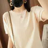 Camiseta de punto de algodón 100% para mujer de manga corta, estilo nuevo de verano 2026, borde enrollado, cuello redondo, holgada, fina
