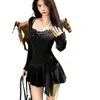 Vestido Sexy Caliente de Encaje Patchwork con Lazos Cruzados y Botones para Mujer, Temporada de Primavera, Transfronterizo, Ceñido a la Cintura, Ajustado, Vestido Corto Plisado