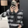 Suéter de punto con cordones y cuello a rayas azul marino popular este otoño para mujer, top holgado de manga larga, nuevo estilo primavera y otoño, prenda base