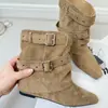 Botines retro versátiles de estilo francés con plantillas ocultas que aumentan la altura, colección otoño 2026 para mujer, con hebilla de cinturón y diseño estilo western, con puños de caña plisados y superpuestos