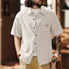 Nova camisa masculina de linho texturizado retrô americana, jaqueta masculina de manga curta, camisa de trabalho solta respirável da moda de verão