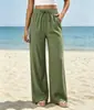 Calças Casuais de Linho Wide-Leg com Cordão na Cintura e Bolsos Laterais Amazon, Calças Fluidas de Praia, Calças Casuais Elásticas para Mulheres