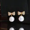 Accesorios DIY Aretes de Tachuela de Perla con Lazo Microincrustado de Plata de Ley S925 Aretes Dulces con Montura de Plata 8-12mm