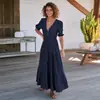Vestidos Populares Europeus e Americanos Transfronteiriços, Roupas Femininas de Alto Padrão, Vestido Longo de Renda com Botões e Cadarço em V, Vestido Elegante e Sofisticado Estilo Francês