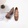 Zapatos de Salón Vintage de Primavera en Stock, Piel de Vaca de Primera Capa Marrón, Zapatos Adhesivos de Punta Redonda para el Día a Día, Zapatos Casuales de Tacón Grueso