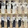 Calça Original de Fibra de Hidrogênio Novo Tecido Anti-Rugas Proteção Solar de Perna Larga para Mulheres, Cintura Alta Emagrecedora com Cós Elástico nas Costas, Calça Casual Não Comprida