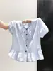 Camisa Corta de Manga Puff con Lazos de Lunares Estilo Coreano para Mujer, Nuevo Modelo de Verano con Dobladillo Fruncido, Blusa Estilo Muñeca A12013