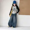 Conjunto de Camiseta Básica de Manga Raglán con Dibujos Animados para Niñas, Otoño Nuevo, Camiseta de Manga Larga, Pantalones de Pierna Ancha de Mezclilla, Pantalones Tipo "Scythe" de Papá