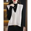Colete feminino de malha 100% lã, cor sólida, gola V, frente curta, costas longas, fenda lateral, solto, casual, para outono